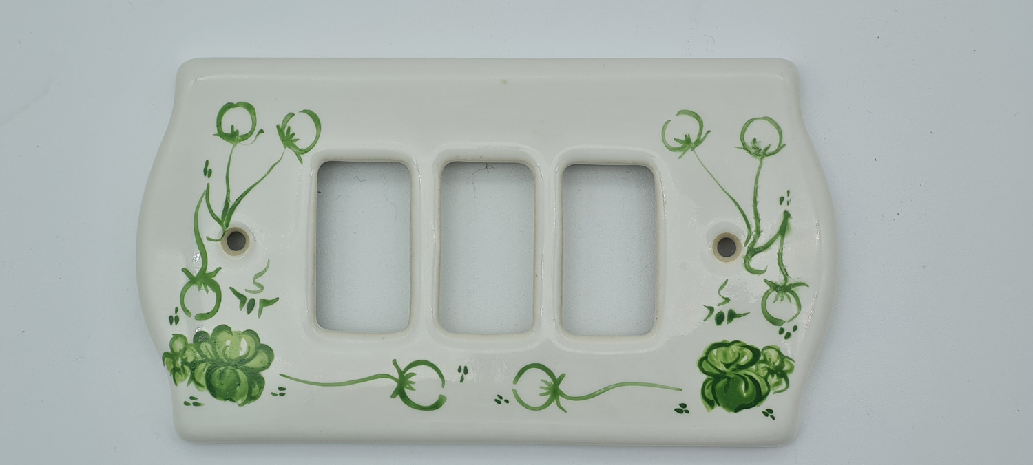 Copripresa Ceramica Fiori Verdi 3 Fori Bianco